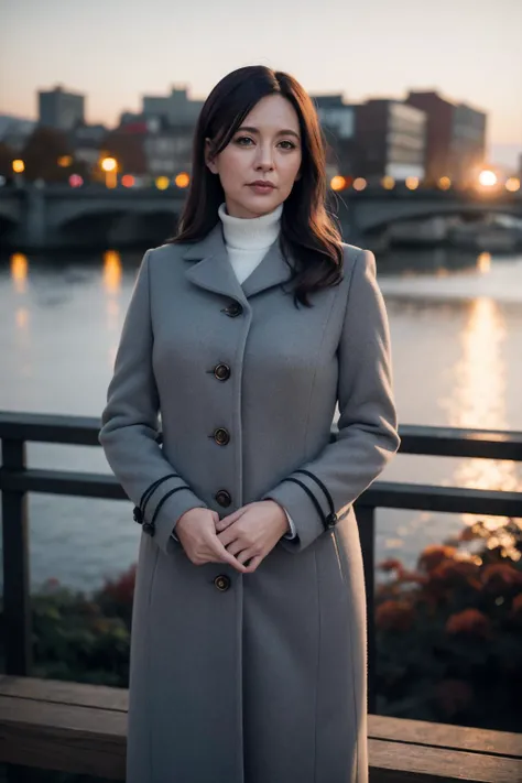 middle-aged english woman standing on a bridge looking over the edge. dawn, autumnal. volumetric light. cold, overcoat. 35mm f/1.8 bokeh, shallow depth of field.