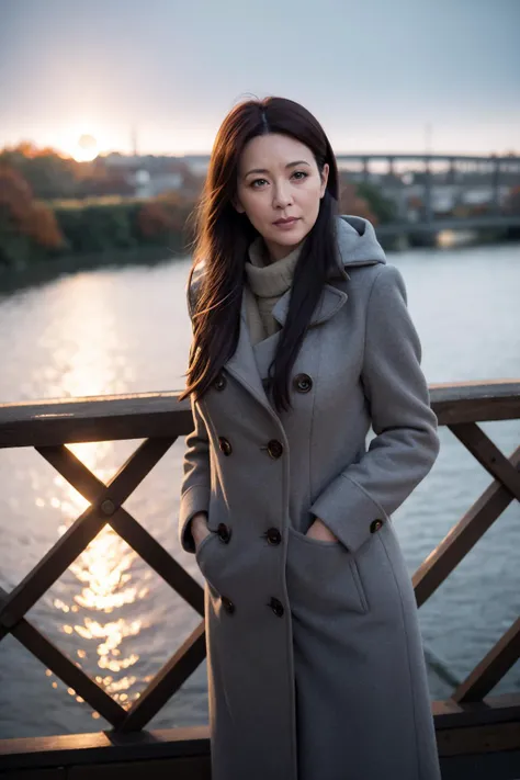 middle-aged english woman standing on a bridge looking over the edge. dawn, autumnal. volumetric light. cold, overcoat. 35mm f/1.8 bokeh, shallow depth of field.