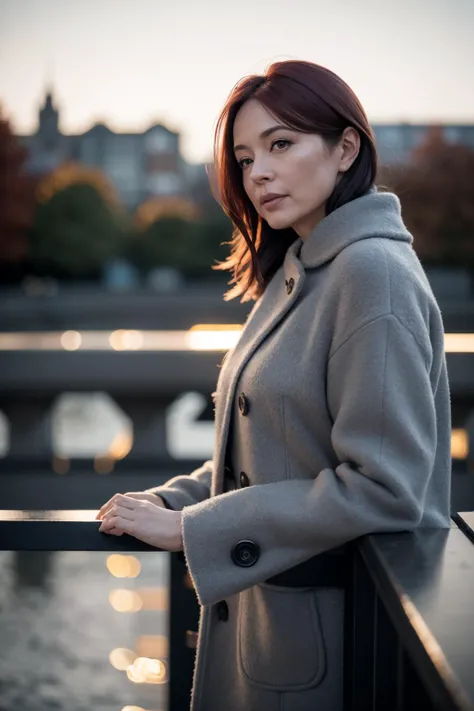 middle-aged english woman standing on a bridge looking over the edge. dawn, autumnal. volumetric light. cold, overcoat. 35mm f/1.8 bokeh, shallow depth of field.