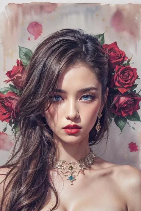 official art, fractarl art, watercolor painting, 1girl, blue_eyes, flower, jewelry, lips, lipstick, long_hair, looking_at_viewer, makeup, rose, solo, upper_body, abstract background, full of  red or white rose
<lora:more_details:0.8>