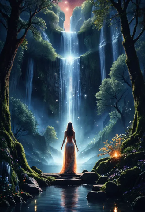 , (medium shot , back view) of celestial being journeying through an enchanted forest, detailed face, located in a magical scene at a magical waterfall during starlit night with clear weather, illuminated by glowing embers, creating a ethereal wondrous atm...