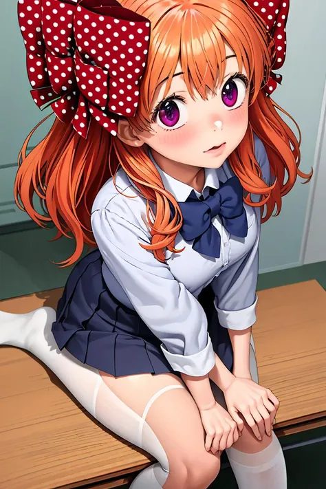 anime girl with red hair and a bow sitting on a desk