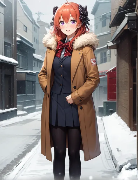 ((anime,anime_still,))masterpiece, best quality,solo,1girl standing, 1chiyo, purple eyes,(polka dot red hair bow),( small breasts),orange hair,long hair,facing viewer, looking at viewer, jeants, school uniform, smiling, happy, parted lips,( fur coat),v han...