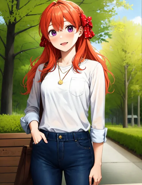 masterpiece, best quality,solo,1girl, (1chiyo:1.18) standing, purple eyes, red (hair bow), small breasts, cute, orange hair,long hair, casual shirt, white shirt, jeans, park, baench, flowers, sun,trees, pendant, happy, smiling, blushing, holding dandelion,...