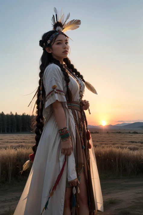 wilderness, rural, outdoors,nature,plains,sunset, dynamic pose
1girl,solo, native american,american indian, traditional clothing,feather ornaments,braids, headdress