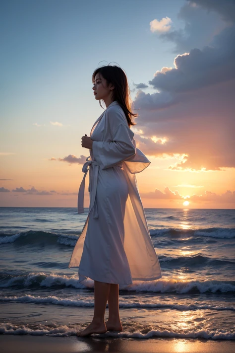 1girl,robe,beach,meditation,landscape,from side,sunset,wind