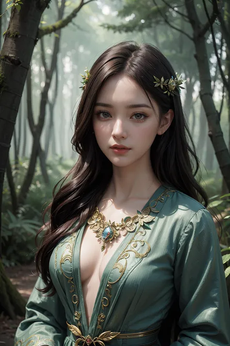 porrtrait of  a woman in an ancient mystical forest with digital painting in a fantasy landscape style
 masterpiece, best quality, intricate detail,