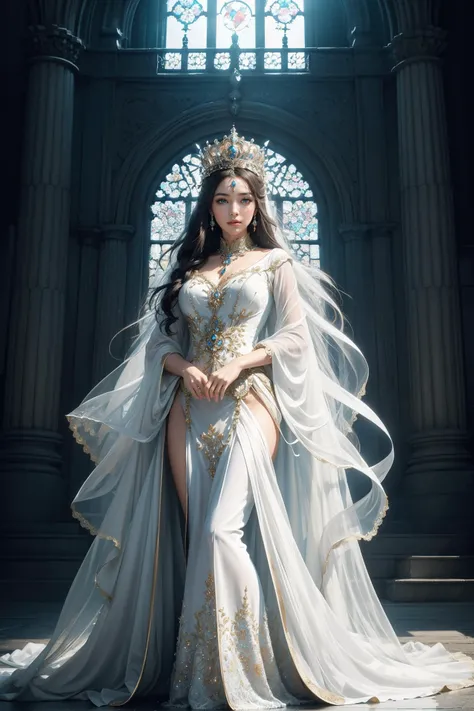 portrait of beautiful A majestic and powerful queen, known as the "Queen of Wind Magic," standing in a regal pose, Imagine her with flowing, ethereal robes that catch the wind, symbolizing her mastery over the element, intricate, elegant, highly detailed, ...