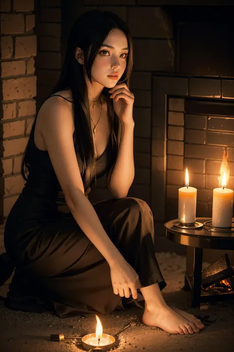 fire, fireplace, flame, candle, sunset, burning, explosion, 1girl, candlelight, torch, black_hair, campfire, molten_rock, orange_sky, long_hair, evening, barefoot, candlestand, lips, solo, lamp, jewelry