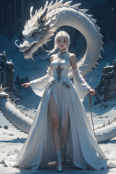 a woman in a white dress standing next to a dragon