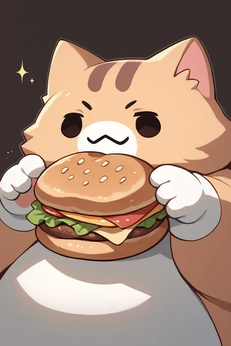 score_9, source_anime, score_8_up, score_7_up, simple background, <lora:discord_nekonekonekone_ponyXL:1> animal focus, no humans, nekoemoji, cat, solo, solid circle eyes, obese, hamburger