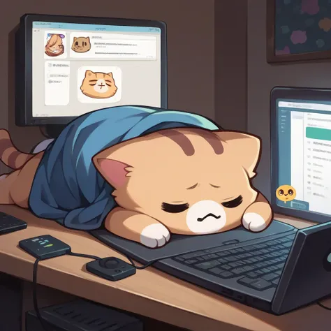 score_9, score_8_up,score_7_up, source_ anime,  <lora:discord_nekonekonekone_ponyXL:1>,animal focus, no humans, nekoemoji, cat ears, on front of computer, basement, sleeping upright, zzz,