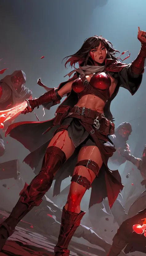 Cinematic scene, hero view, female blood hunter, willing to suffer whatever it takes to achieve victory, these adept warriors have forged themselves into a potent force dedicated to protecting the innocent, action pose, detailed background, masterpiece, be...