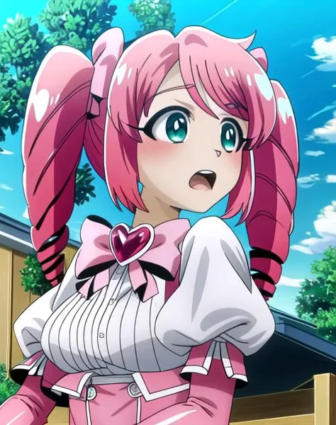 a close up of a person with pink hair and a pink dress