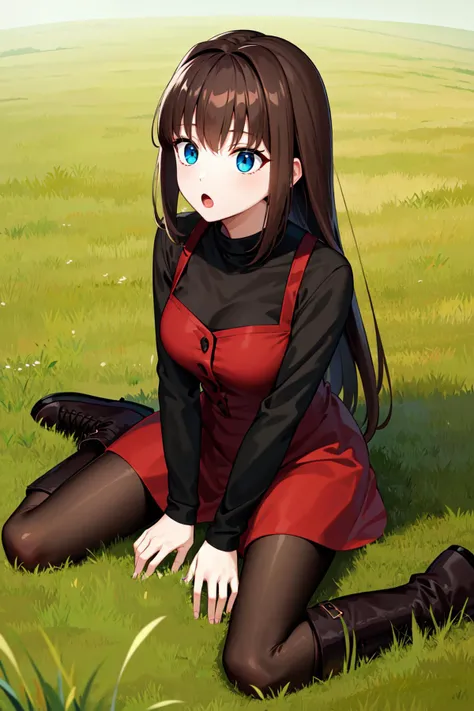 masterpiece, best quality, highres, aaaoko, long hair, brown hair, black shirt, red dress, long sleeves, black pantyhose, <lora:aozaki_aoko_v1:0.7>, grass, outdoors, field, wariza, :o, boots, brown footwear,