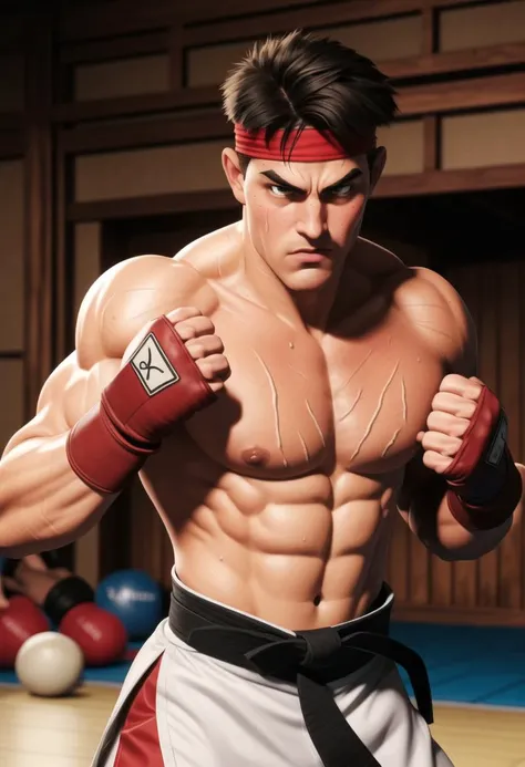 ((ultra intricate details, glossy, smooth, comic style, airbrushed)), ((dynamic combat stance)), ((1man, body portrait)), Ryu from street fighter training in a (dojo:1.2), he is topless, wearing a (karate outfit, black belt, red headband, fighting gloves, ...