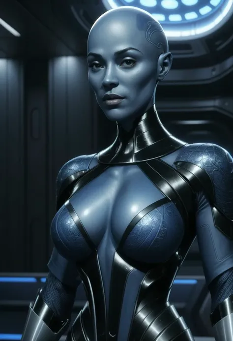 ((ultra intricate details, digital art style, airbrushed)), professional body shot, (bald, blue skin:1.2) stunningly beautiful scifi (female alien, ridged facial features, filigree blue skin, small breasts), (wearing a high collared regal (futuristic tight...