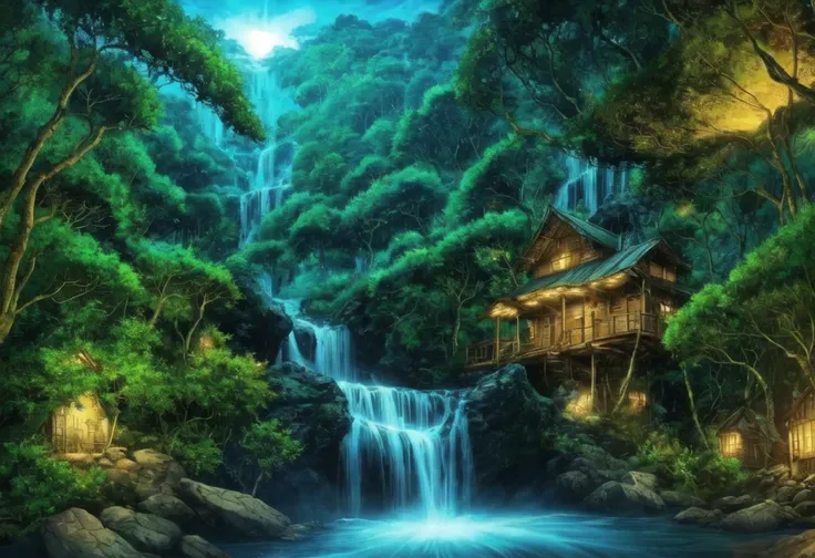 ((ultra detailed, glossy, smooth, comic style)), (colorful magical energy flowing through the air, repeating fractal patterns, trippy:1.3), (rickety wooden building:1.1), (by a vast water fall in the dense jungle:1.3)