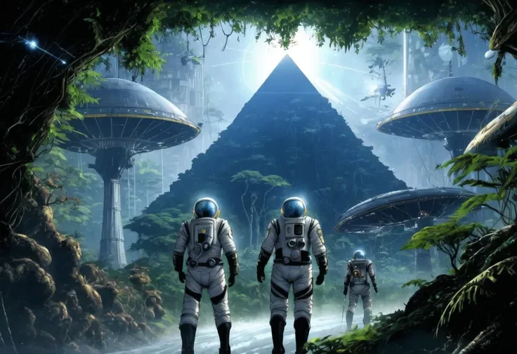 three astronauts walking through a forest with a pyramid in the background