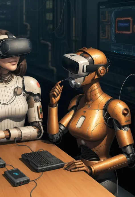 there is a woman sitting at a table with a robot and a computer