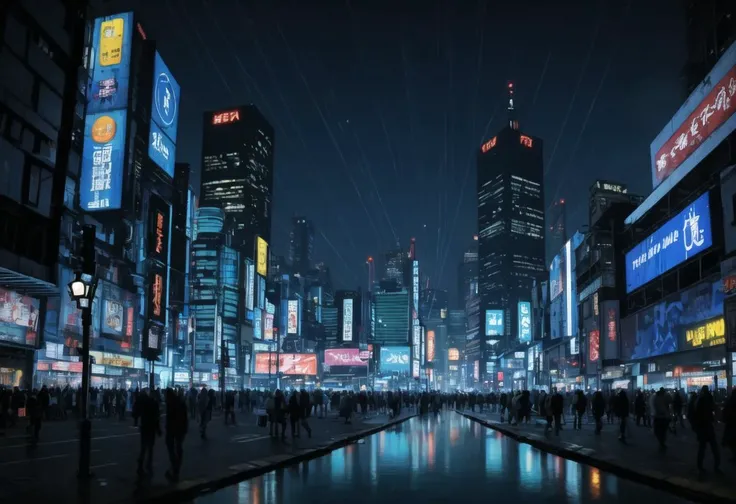 ((ultra detailed, glossy, smooth, comic style)),  cyberpunk tokyo at night, neon illumination, crowds, skyscrapers, rain, puddles, reflections