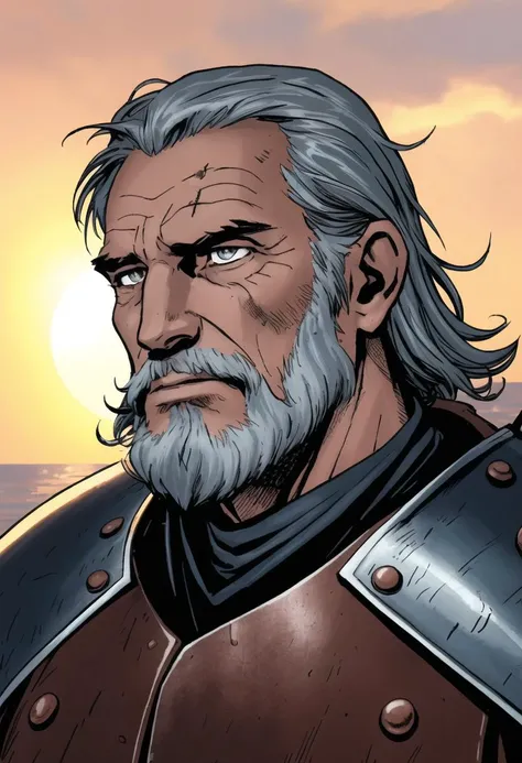 ((ultra detailed, glossy, smooth, comic style)), an old grizzled medieval viking warrior wearing leather armor, (close up portrait:), (elderly war weary grandfather, filthy, wrinkled dirty skin, grey hair, dried blood), gray bearded, (worn leather armor), ...