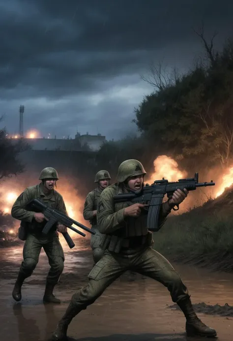 ((ultra intricate details, glossy, smooth, comic style, airbrushed)), ((ultra intricate details, glossy, smooth, comic style, airbrushed)), brutal trench war scene from world war 2, night time, explosions, gun fire, (hiding soldiers:1.2),( mud, raining:1.2...