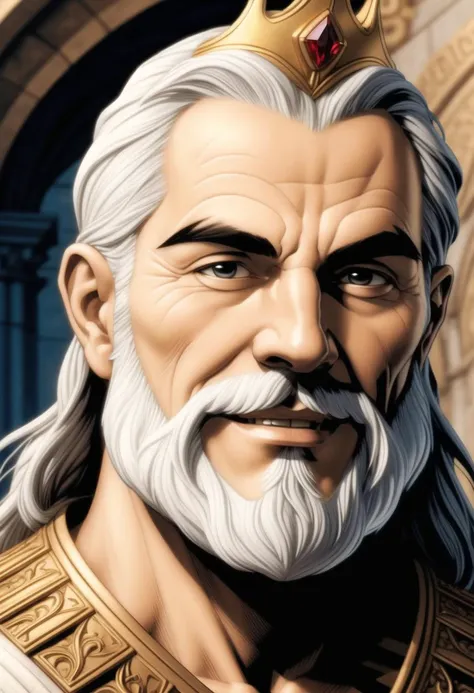 ((ultra intricate details, glossy, smooth, comic style, airbrushed)), close up portrait, Elderly Greek benevolent god king, wrinkled skin, (detailed white beard:1.1), bushy eyebrows, glacial eyes, (wise and kind face:1.2), gentle smile, pristine white robe...