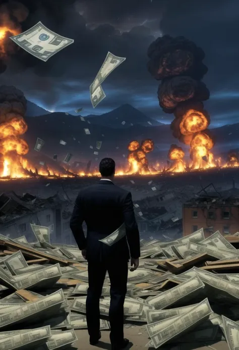 a man standing in front of a pile of money in a city