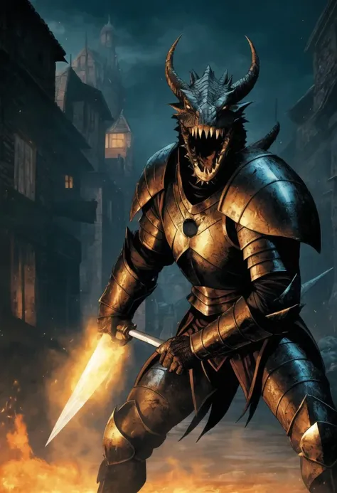 ((ultra detailed, glossy, smooth, comic style)), a dragon headed knight from darksouls standing ready to fight, rusted armor, battered wooden shield, notched broadsword, glowing eyes, sharp teeth, reptilian dragon head, head, Film still from cannibal holoc...