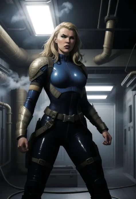 ((ultra intricate details, glossy, smooth, comic style, airbrushed)), ((combat action pose)), (long blonde messy hair), professional body shot, an angry female scifi soldier, intense rage, (wearing a skin tight pastel blue futuristic full bodysuit, polishe...