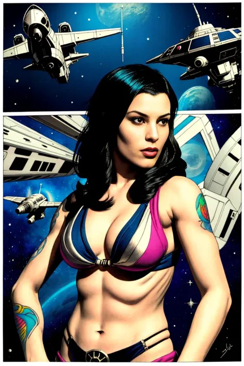 comic <lora:EmoFaceHentai:0.7>, 1girl, solo, cute, posing, tattoos, piercings:1.5, space pirate, hooded sweat, bikini top, flying a spaceship, comic <lora:OldSchoolDnD:1>, graphic illustration, comic art, graphic novel art, vibrant, highly detailed