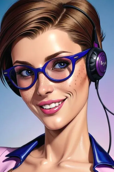 ((ultra intricate details, glossy, smooth, comic style, airbrushed))
BREAK
1girl, close up face, very messy short hair, freckles across bridge of nose and cheekbones, huge flirty smile, sunglasses with colored lenses, big chunky headphones