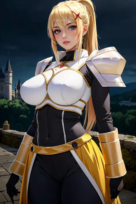 (masterpiece, best quality, ultra detailed, absurdres:1.5), 1girl, (sexy, beautiful woman, perfect face, perfect eyes, perfect female body, large breasts:1.5), (LalatinaDustinessFord, Yellow_armored_dress_Boobplate_Pauldrons_Black_bodysuit_Faulds, <lora:La...