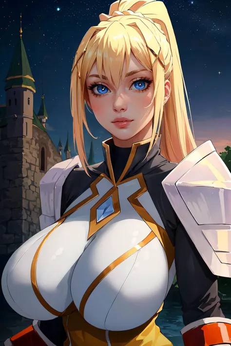 a woman with a very big breast standing in front of a castle