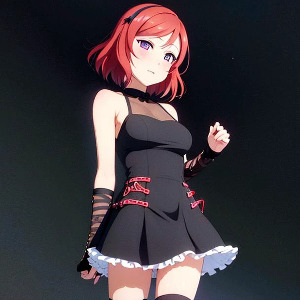 nishikino_maki, best quality, ultra high res, 1girl, solo focus, ((black mini see through dress)), elbow dress, black thighhighs, frills, ribbons, studio background,floating hair, looking at viewer, facing front, <lora:loveliveMakiNishikino_v1:0.5>