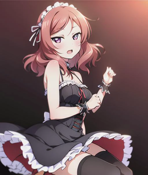 nishikino_maki, best quality, ultra high res, 1girl, solo focus, ((black mini see through dress)), elbow dress, black thighhighs, frills, ribbons, studio background,floating hair, looking at viewer, facing front, <lora:loveliveMakiNishikino_v1:0.7>