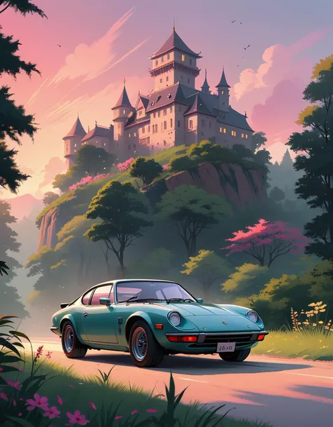 anime style digital painting, a 80s sports car parked in front of a medieval castle, foggy, dawn, very detailed, masterpiece