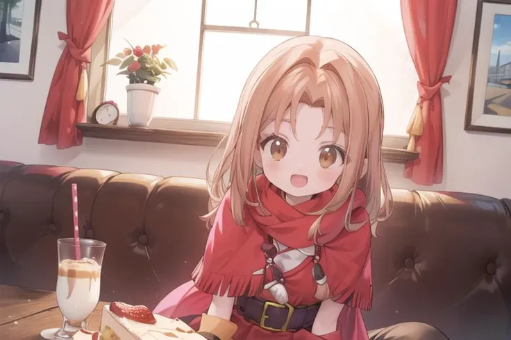 anime girl sitting on a couch with a plate of food and a drink