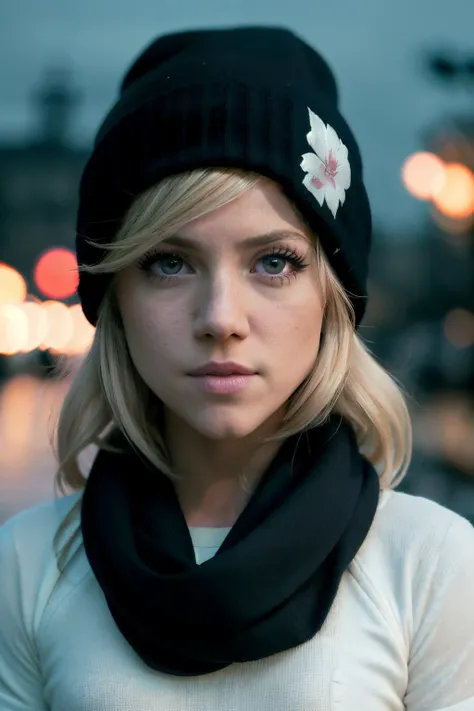 brittanySnow1, medium length blonde with pink highlights hair, (minimal ambient light), low light, night, gloomy, moody, fog, bokeh, background is night city, streetwear, beanie, scarf