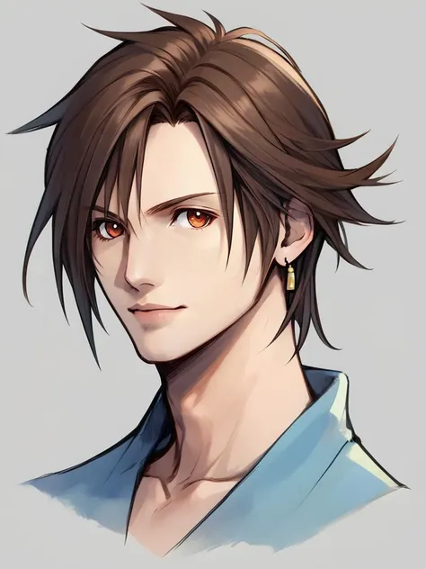 a drawing of a man with brown hair and a blue shirt