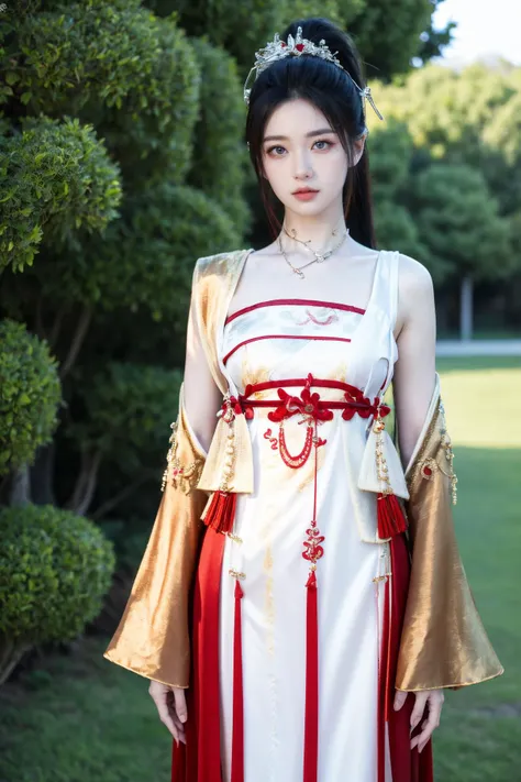 a woman in a white and red dress standing in a field