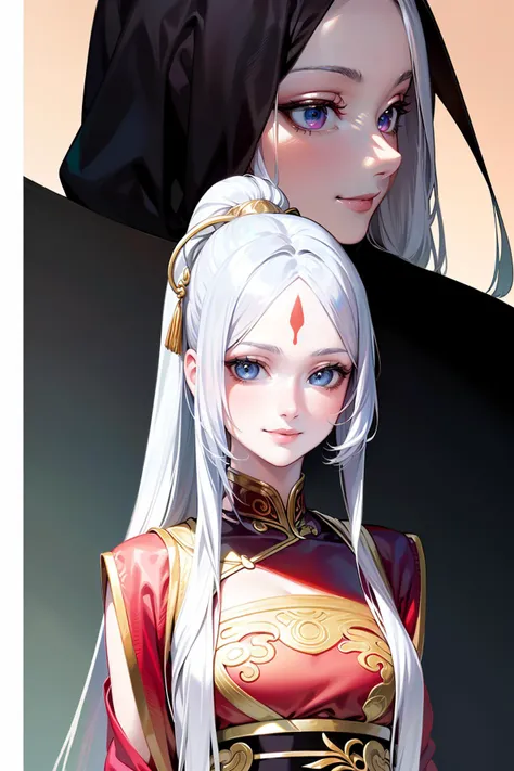 anime girl with white hair and blue eyes and a black cape