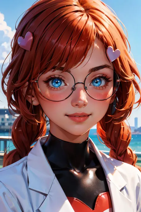 girl, long orange hair,twin braids, blue eyes, heart, glasses, round eyewear, heart hair ornament,labcoat,black bodysuit, looking at viewer, smiling, blush, portrait, outside, blue sky, high quality, masterpiece, <lora:penny_crygor:.7>