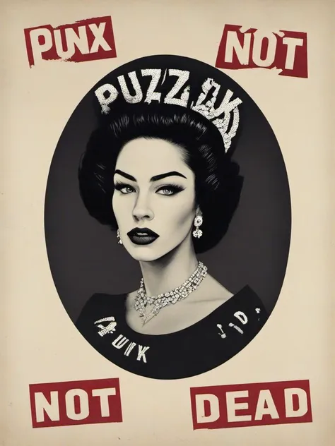 queen elizabeth, punk queen, megan fox, retro punk, concept art, smooth, sharp focus, protest art by jamie reid, text as "punx not dead", <lora:JamieReidStyle-000010:0.8>