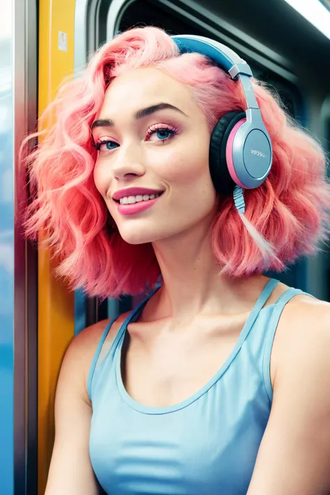 photograph of roxiecipher-160, cute smile, pink hair, wearing a cute blue top and headphones, sitting in a crowded subway car, soft focus, film grain, analog, Kodak Portra 800, f1.8, 50mm