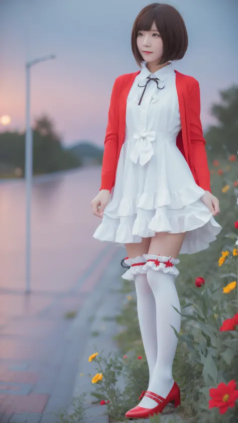 masterpiece, best quality, White dress, Brown hair, <lora:megumi-katou-cosplay:0.7>, megumi-katou-cosplay, Red jacket, Frills, stockings, (Layered:1.0), Beautiful night, stars on sky, (land), (flowers:1.2), (night theme:1.2), (Official_wallpaper:1.3), (Fal...