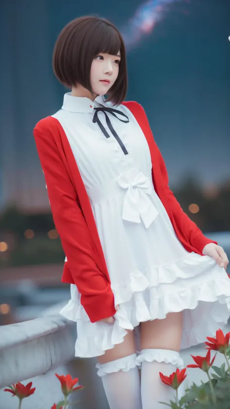 Close look, White stockings, masterpiece, best quality, White dress, Brown hair, <lora:megumi-katou-cosplay:0.7>, megumi-katou-cosplay, Red jacket, Frills, (Layered:1.0), Beautiful night, stars on sky, (land), (flowers:1.2), (night theme:1.2), (Official_wa...