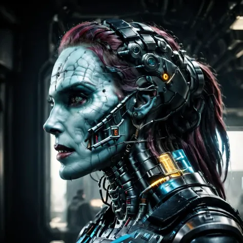 best quality,masterpiece,realistic,raw photo,8k,detailed,skindentation,cinematic shot,portrait of a cybermutant woman,from side,cybernetic,portrait,<lora:Fleshmutant:1>