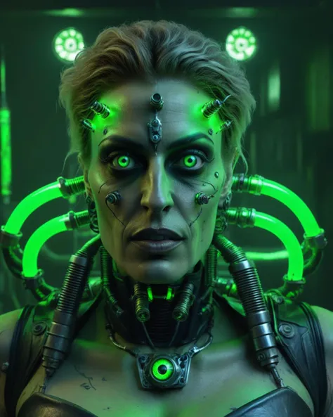 raw photo,realistic,8k,fujifilm,portrait of a cybermutant woman with glowing green tubes and biomechanical eyes,<lora:Cyberfleshmutant-000002:0.65>